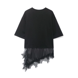 Women's black short sleeve top with asymmetric lace and satin patchwork back view