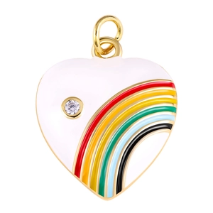 Detail of white enamel heart pendant with colorful stripes and sparkling zircon inlay