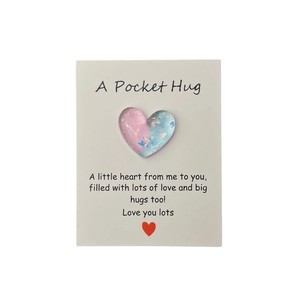 Gradient resin pocket hug heart on gift card with blue and pink holographic glitter