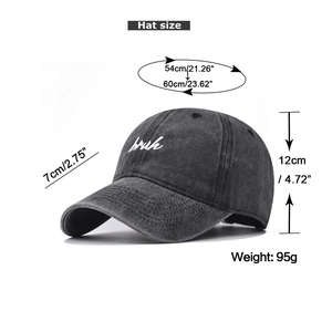 Detailed size specs for washed denim baseball cap with bruh embroidery and dimensions