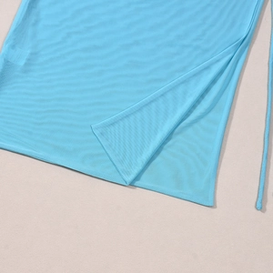 Detail view of sky blue mesh fabric with side slit and drawstring on a two-piece set