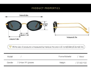 Detailed dimension guide for oval retro metal sunglasses with specific frame and lens sizes