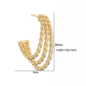 Golden 18K gold plated C-shaped twisted rope earrings, 30mm height and 9mm width