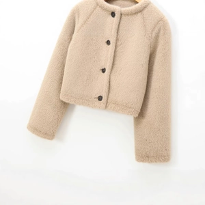 Short khaki faux fur jacket with round neck and single-breasted buttons on white background