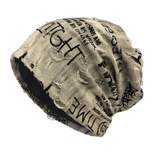 Distressed Knit Beanie Slouchy Graffiti Printed Streetwear Punk Style Polyester Skull Cap For Men And Women
