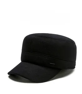 Detailed macro of black wool cadet hat for men featuring sports metal emblem