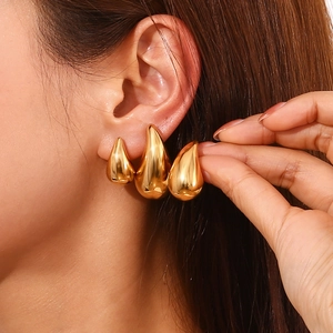Polished 18K gold-plated stainless steel teardrop earrings shown in three different sizes