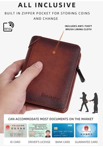 Detailed view of RFID blocking leather wallet featuring secure zipper coin pocket and card slots