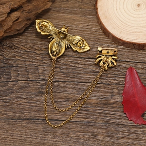 Vintage gold bee chain brooch with tassel, double pin style for suits and cardigans
