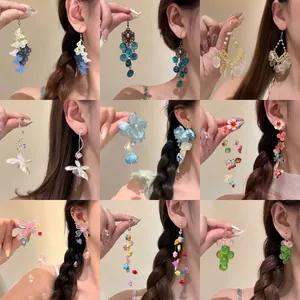 Butterfly Flower Grape Shell Hollow Out Painted Alloy Long Tassel Drop Earrings With 925 Sterling Silver Earring Post For Women