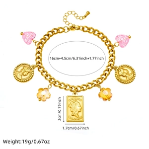 Gold charm bracelet with pink heart crystal and Elizabeth II coin pendant jewelry set