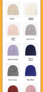 Close-up of ribbed knit beanies showing a variety of colors including beige and pink