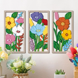 Set di 3 decorazioni murali in legno con fiori intagliati per uno stile primaverile