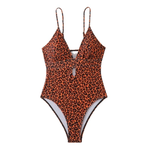 Sexy leopard print one-piece swimsuit with deep V-neck and stylish waist cut-outs