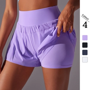 Short De Sport Femme Taille Haute Plissé Double Couche Respirant Nylon Spandex Pour Course Yoga Fitness