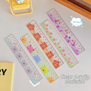 Close-up of 15cm transparent acrylic rulers with cute cartoon bears and tulip patterns