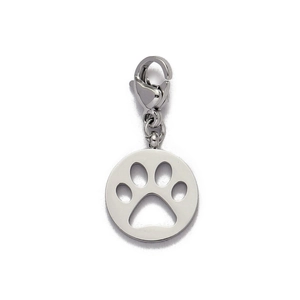 Macro detail of silver stainless steel pet paw pendant with spring clasp fastener
