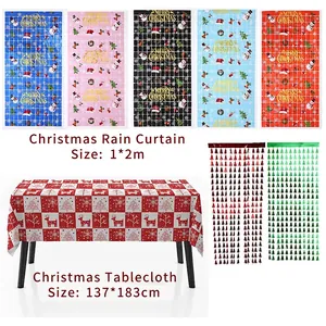 Christmas Foil Fringe Curtains And Tablecloths Metallic Snowman Santa Patterns Holiday Party Backdrop Home Decoration