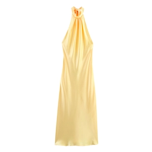 Pale yellow satin halter midi dress with a backless design and draped pleated details