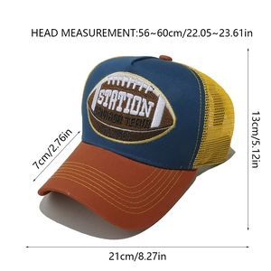 Detailed view of vintage trucker hat with rugby embroidery and dimension measurements