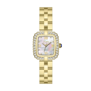 Montre carrée dorée pour femme avec cadran en nacre et lunette sertie de diamants
