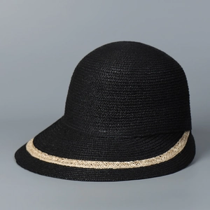 Detail of black raffia sun hat with contrasting beige woven band and spiral texture