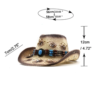 Retro hollow-out straw cowboy hat with turquoise beads, brim 7cm, height 12cm