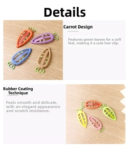 Detail of carrot-shaped hair clips featuring smooth rubber paint finish and matte pastel colors