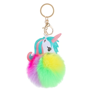 Detailed close-up of a unicorn keychain with a colorful 8cm plush ball and golden clasp