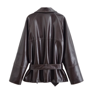 Deep brown faux leather jacket with belted waist and glossy finish from back view