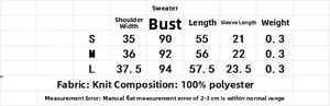 Size chart showing measurements for the stylish crew neck knitted sweater in cm