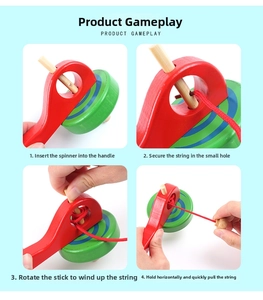 Four-step instructional guide showing how to use the wooden handle spinning top toy