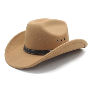Classic camel wool felt cowboy hat with black decorative band and flat top crown