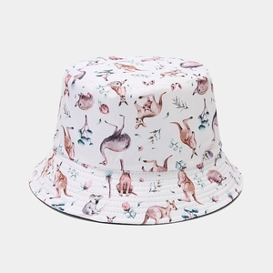 Detailed view of white bucket hat featuring watercolor Australian wildlife and koala prints