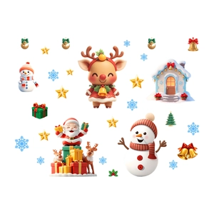 Detail of 3D Christmas window stickers featuring Santa, snowman, and reindeer illustrations