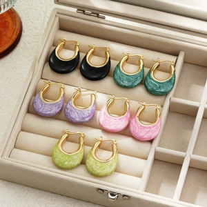 Stainless Steel U-Shaped Hoop Earrings With Colorful Enamel Marble Texture French Retro Style Ear Buckle For Women
