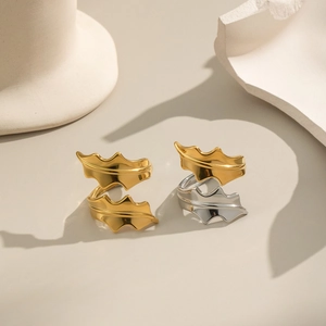 Seaweed Leaf Open Ring Stainless Steel Waterproof Hypoallergenic Adjustable Geometric Minimalist Jewelry For Women