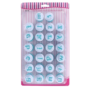 Set of 26 blue and white push easy mini lowercase alphabet cutters for cake decorating