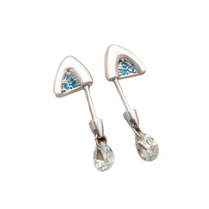 Silver kitten ear stud earrings with blue gems and clear water drop pendants