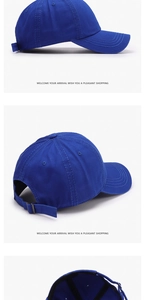 Detailed side view of navy blue cotton baseball cap with adjustable metal buckle strap