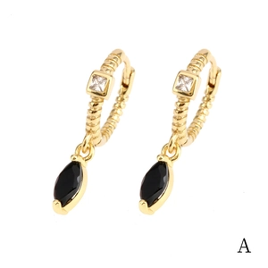 Detail view of 18K gold plated hoop earrings with white zircon and black marquise drop