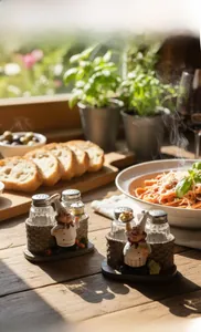 Charmante chef-figuur peper en zout stel met glazen flessen op geweven basis