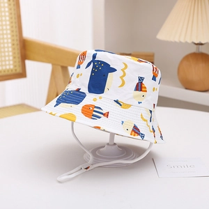 Kids cotton bucket hat with colorful ocean animal prints and adjustable chin strap