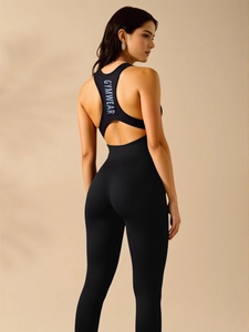 Body noir sans couture dos nu pour le fitness avec imprimé gymwear gris dans le dos
