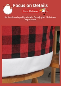 Detail of red and black buffalo plaid Christmas chair cover with white fleece trim