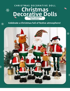 Detail showing plush Christmas gnome dolls with striped scarves and telescopic legs