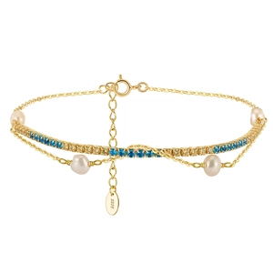 14K gold plated S925 silver tennis bracelet with pearls and blue yellow cubic zirconia