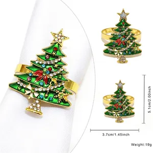 Golden Christmas tree napkin ring with green enamel and rhinestones 5.1x3.7cm size