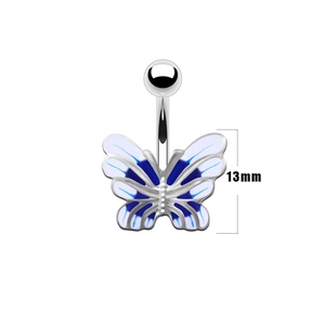 Detailansicht eines Schmetterlings-Bauchnabelpiercings mit Emaille und 13mm Maßangabe