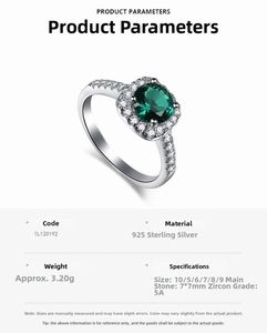 Detailed specs of S925 silver ring featuring 7x7mm green cushion-cut stone and zircons